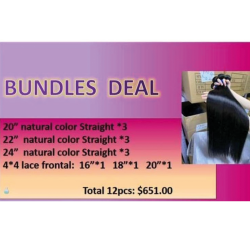 Brazilian Hair - Bundle Hair Extention - Black - 20" Straight Natural Colorx3 - 22" Straight Natural Colorx3 - 24" Straight Natural Colorx3 - 4x4 Lace Frontal: 16"x1 - 18"x1 - 20"x1.